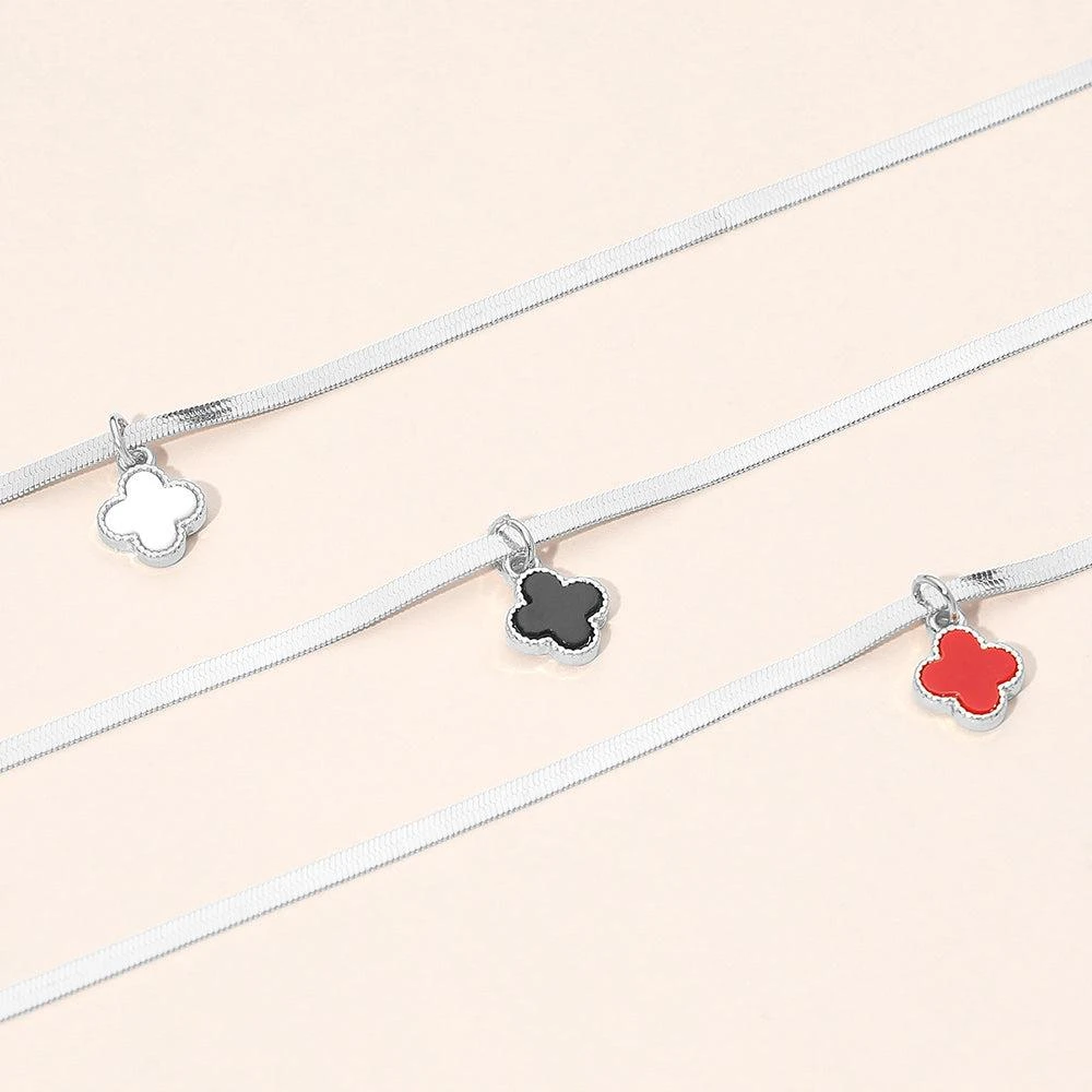 FASHNZFAB Silver Dipped Quatrefoil Pendant Herringbone Chain Necklace 4