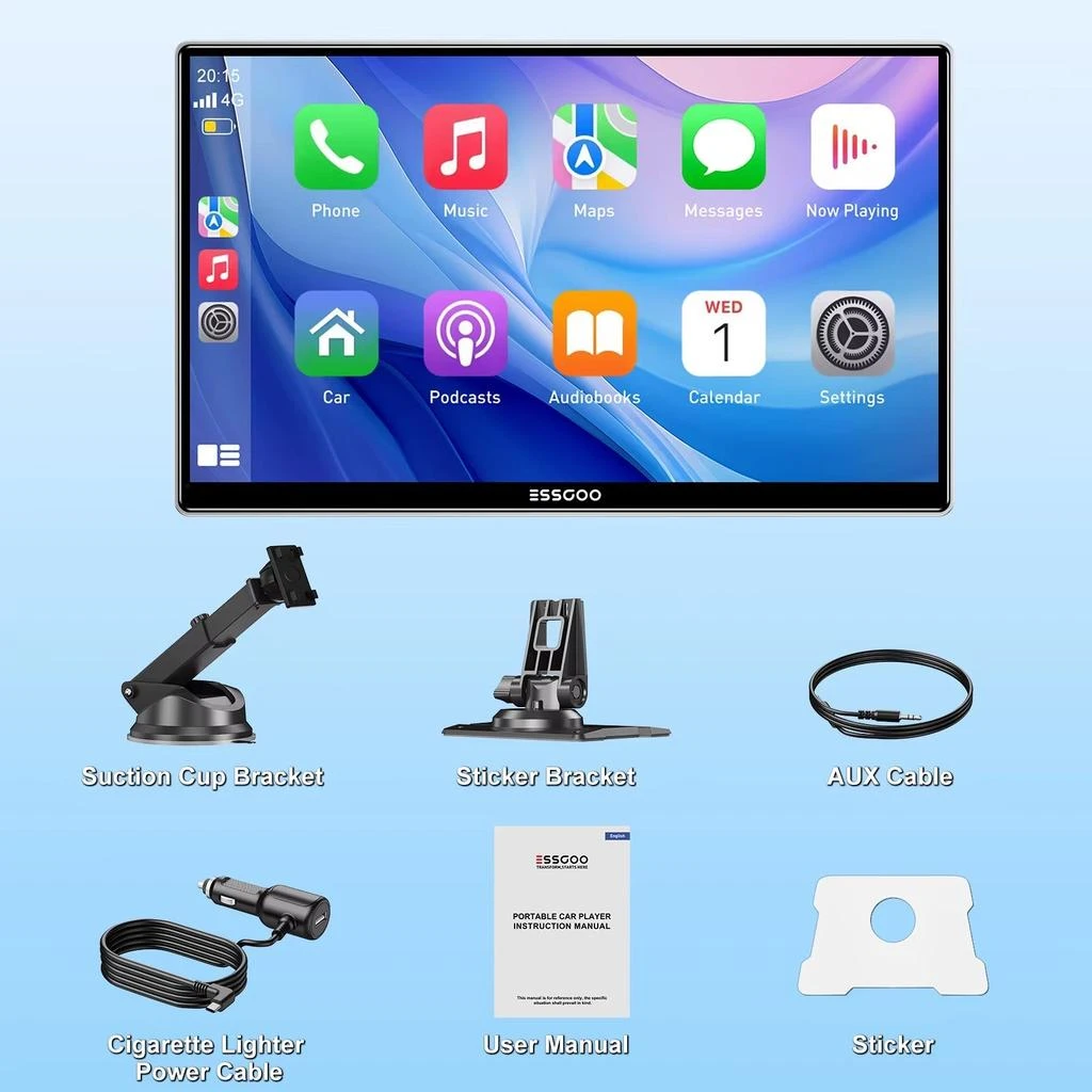 ESSGOO 9-Inch Touchscreen Portable Car Stereo with Wireless Apple CarPlay, Android Auto, USB, TF, Bluetooth, and Mirror Link Functionality