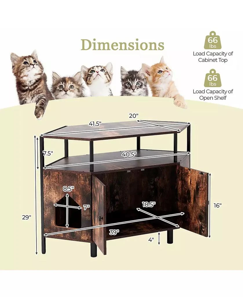 Gymax Corner Cat Litter Box Enclosure End Table w/ Open Shelf 2 Entries Double Doors 2