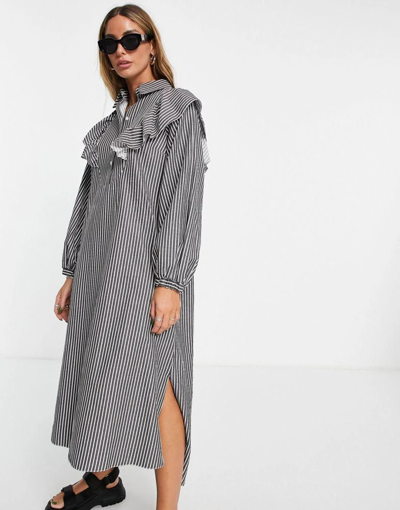 Topshop Topshop poplin frill bib oversized midi shirt dress in navy and white stripe 4