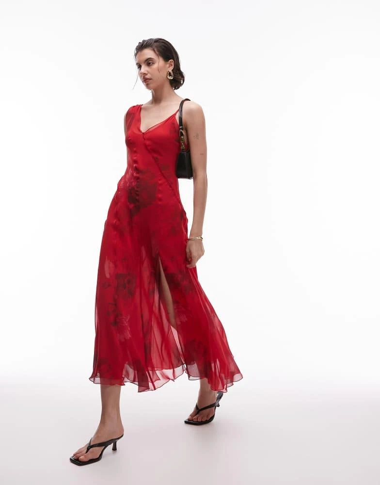 Mango Mango one shoulder midi dress in blurred red floral print 1