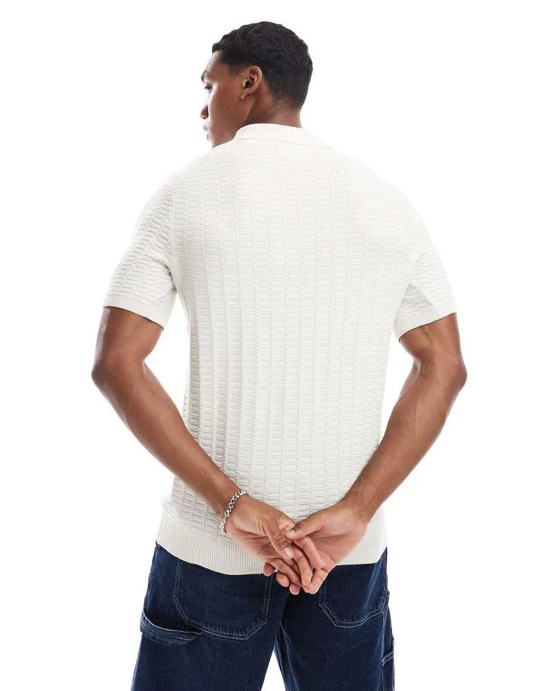 Threadbare Threadbare Cotton mix short sleeve textured knitted polo shirt in ecru 3