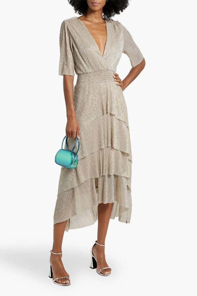 Maje Metallic tiered plissé-tulle midi dress 2