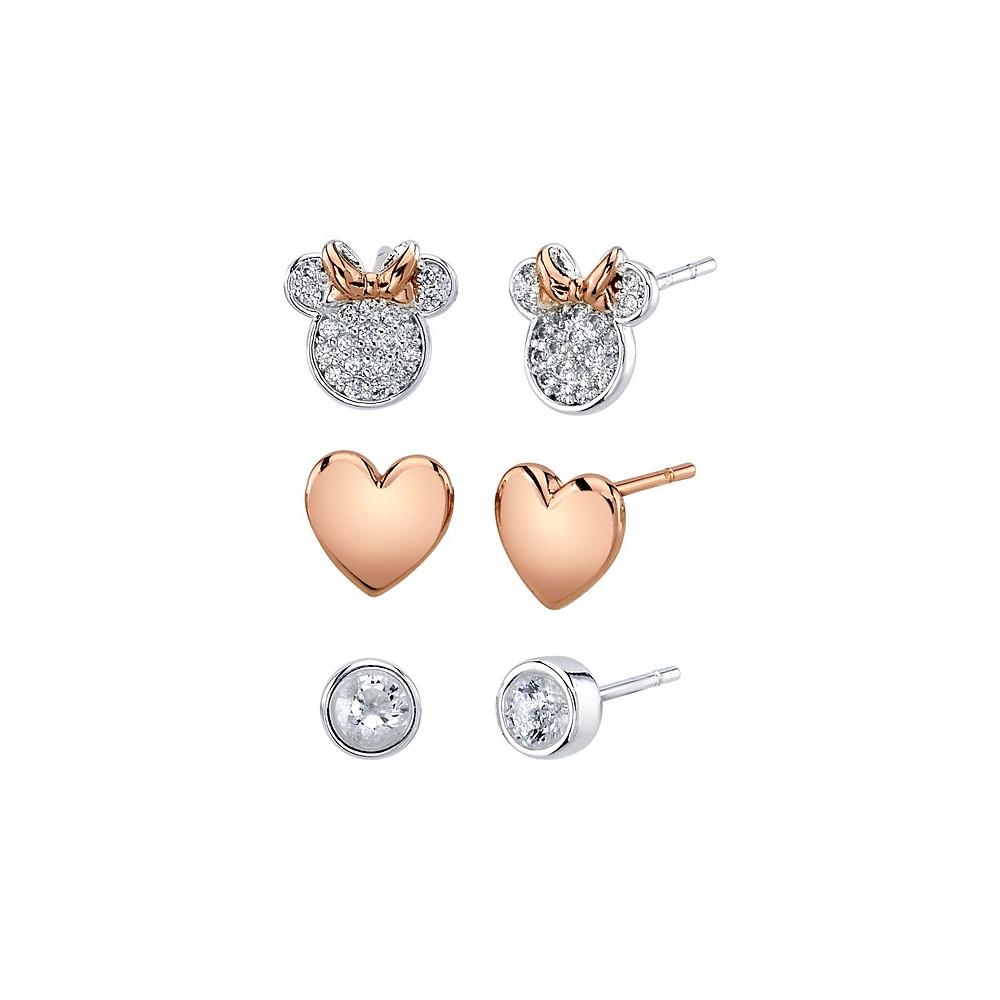 Disney Three Pair Silver Plated Two Tone Rose Gold Minnie Mouse Earring Set with Rose Gold Heart and Bezel Cubic Zirconia Stud