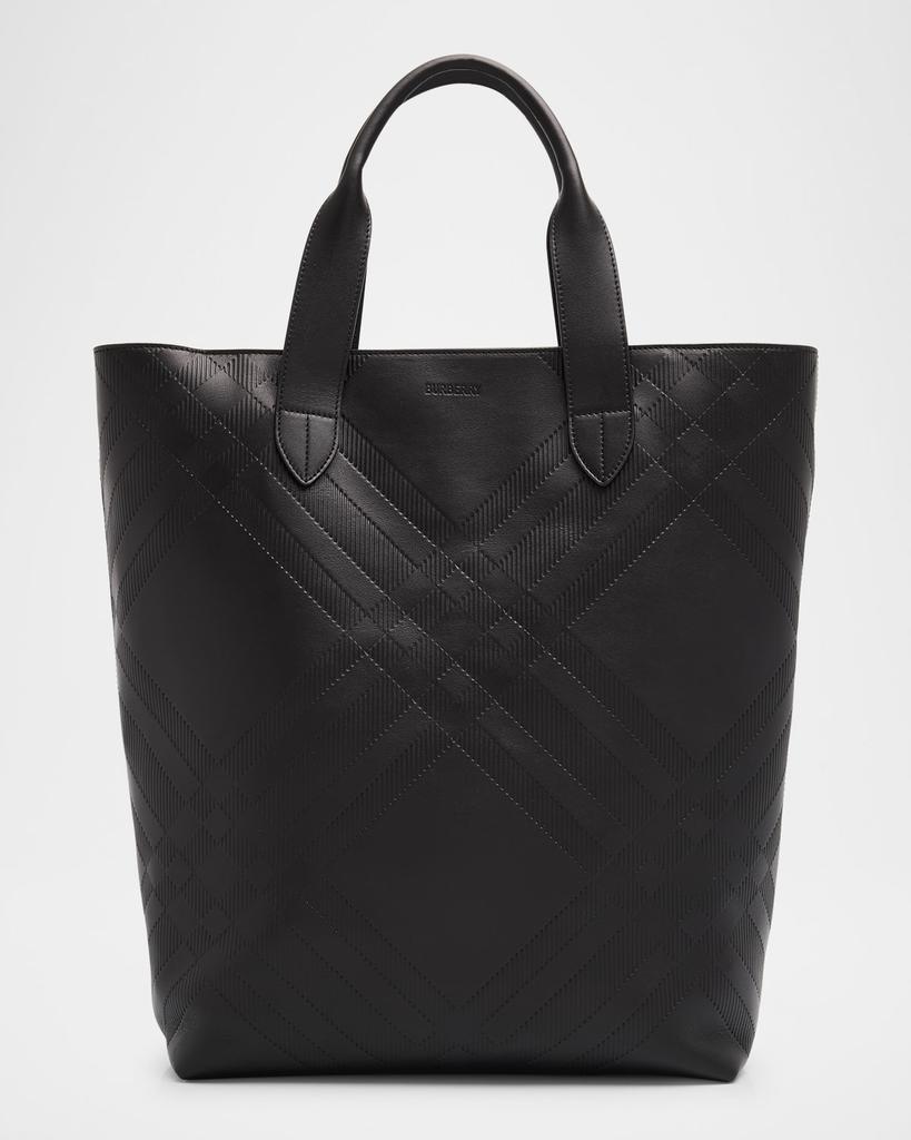 トートバッグ BURBERRY Black Leather Shopping Bag Burberry Men's Embossed Check Leather Tote Bag - Tote Bags
