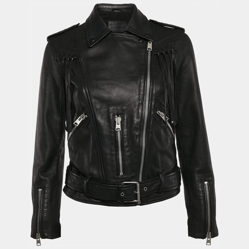 ALL SAINTS All Saints Black Leather Zip-Up Tassel Detail Balfern Biker Jacket S 2