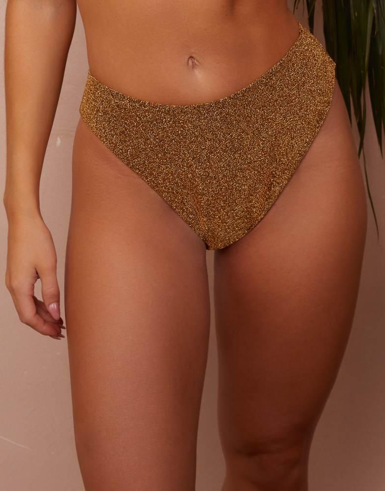 Wolf & Whistle Wolf & Whistle Fuller Bust x Abby Benson high waist bikini bottom in gold