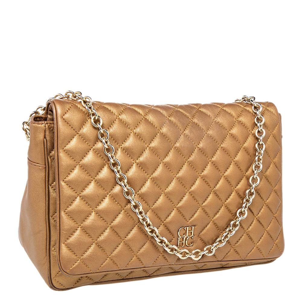Carolina Herrera Carolina Herrera Metallic Gold Quilted Leather Chain Flap Shoulder Bag