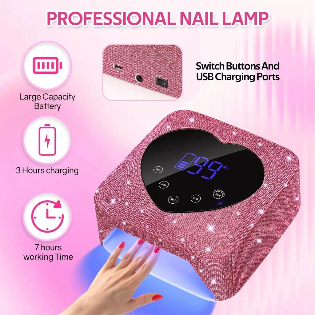 ERUULE 72W Cordless Rechargeable UV LED Nail Lamp with Rhinestone Heart Design for Manicure and Pedicure Tools 4