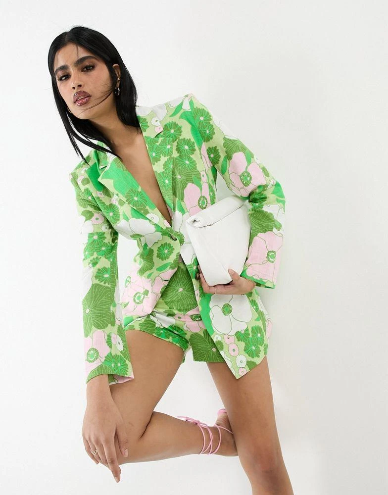 ASOS ASOS DESIGN slimline tie back suit blazer with linen in retro floral print 3