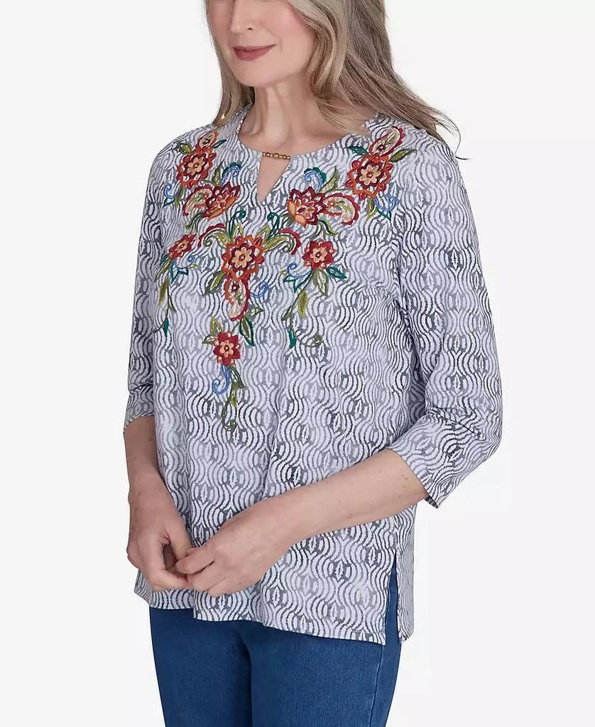 Alfred Dunner Petite Harvest Moon Textured Floral Embroidered Split Neck Top 4