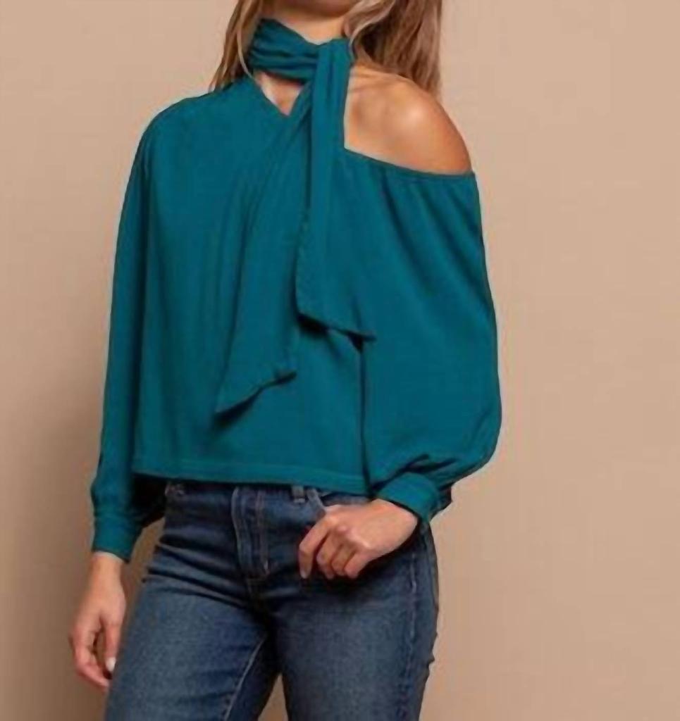 Red Haute One Shoulder Tie Neck Top In Teal
