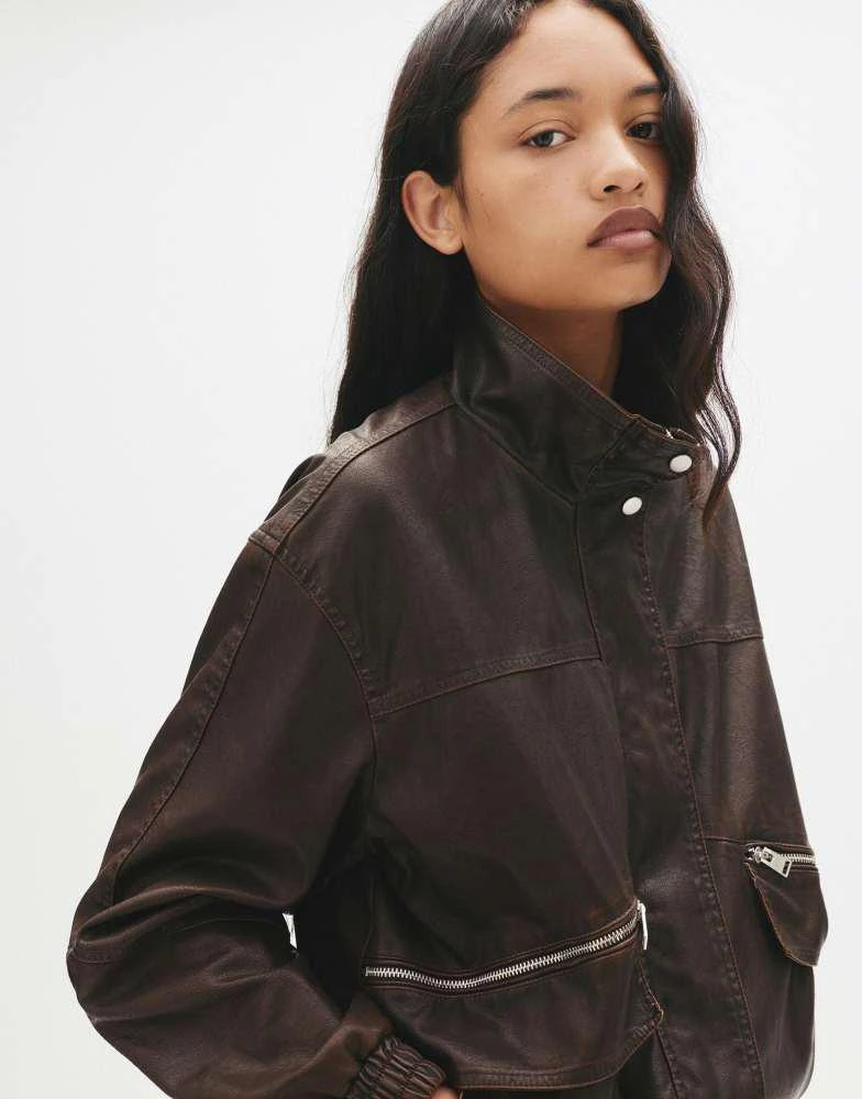 Pull&Bear Pull&Bear Dad leather-effect jacket in dark brown 3