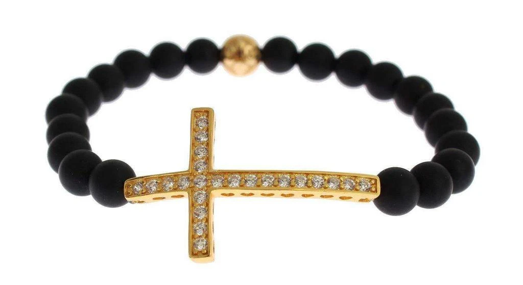 Nialaya Nialaya Matte Onyx Stone Gold CZ Cross 925 Silver Bracelet 3