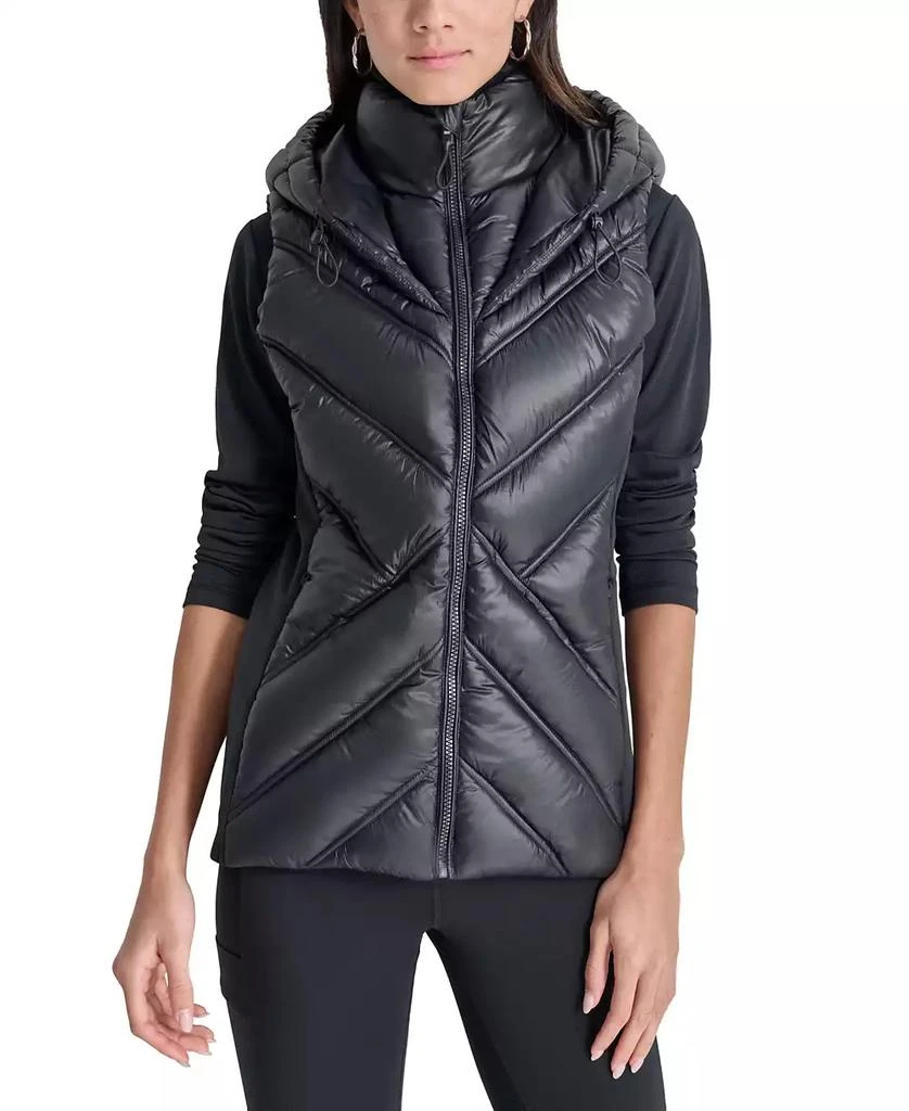 DKNY Women's Hooded Puffer Vest with Contrast Scuba and Teddy Faux Fur Collar 4