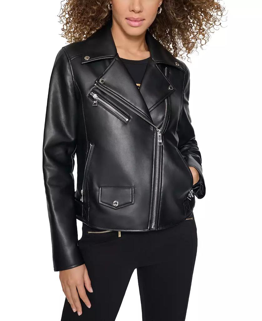 Karl lagerfeld popular black faux leather moto style full zip jacket