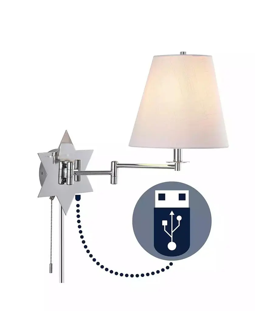 JONATHAN Y David 18.5" 1-Light Modern French Country Swing Arm Plug-In or Hardwired Iron LED Star Wall Sconce with Pull-Chain and USB Charging Port