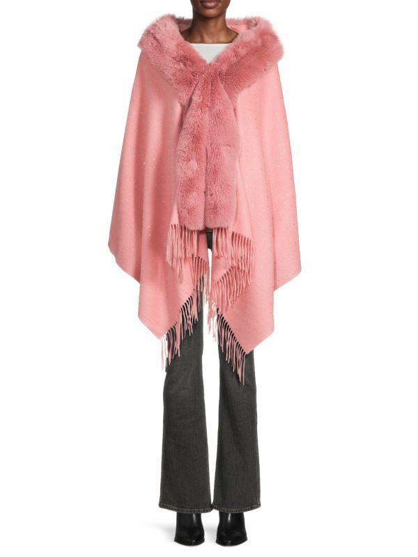 La Fiorentina Embellished Faux Fur Trim Cashmere Wrap