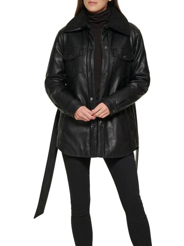 Kenneth Cole Faux Leather & Faux Shearling Belted Shirt Jacket 5