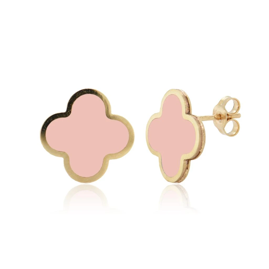 Italian Gold 14K Yellow Gold Clover Stud Earrings Light Pink