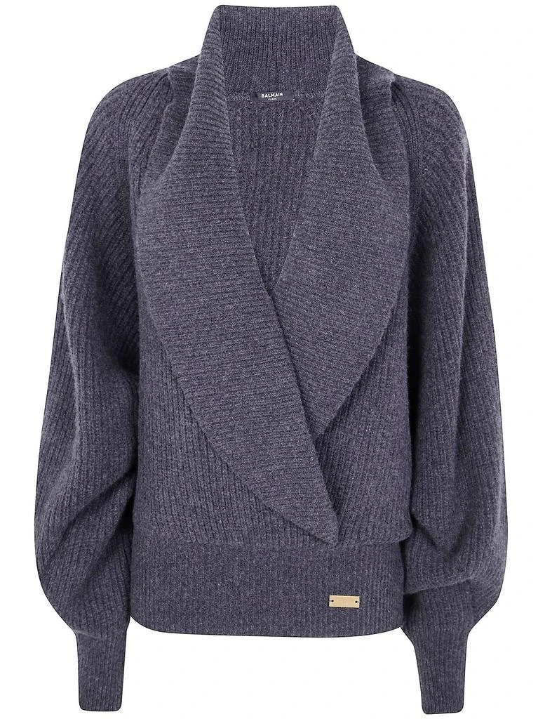 Balmain Balmain Batwing Open-Neck Ribbed Knit Sweater from Cettire