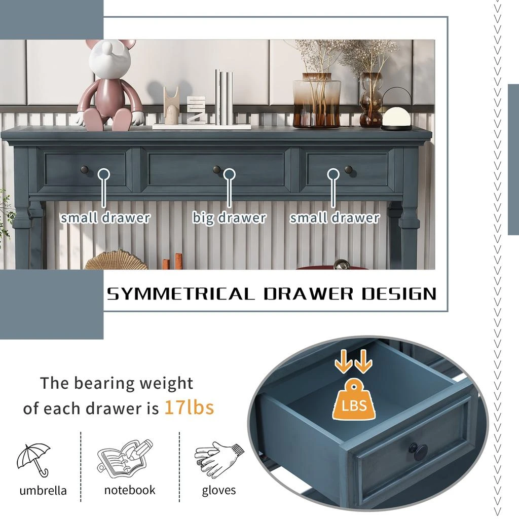 Streamdale Furniture Streamdale Classic Retro Style Console Table With Three Top Drawers And Open 6