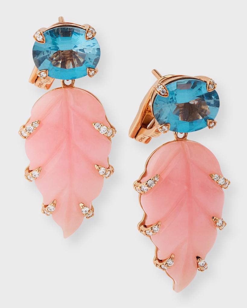 Piranesi 18K Rose Gold Oval Blue Topaz, Carved Pink Opal and Round Diamond Earrings