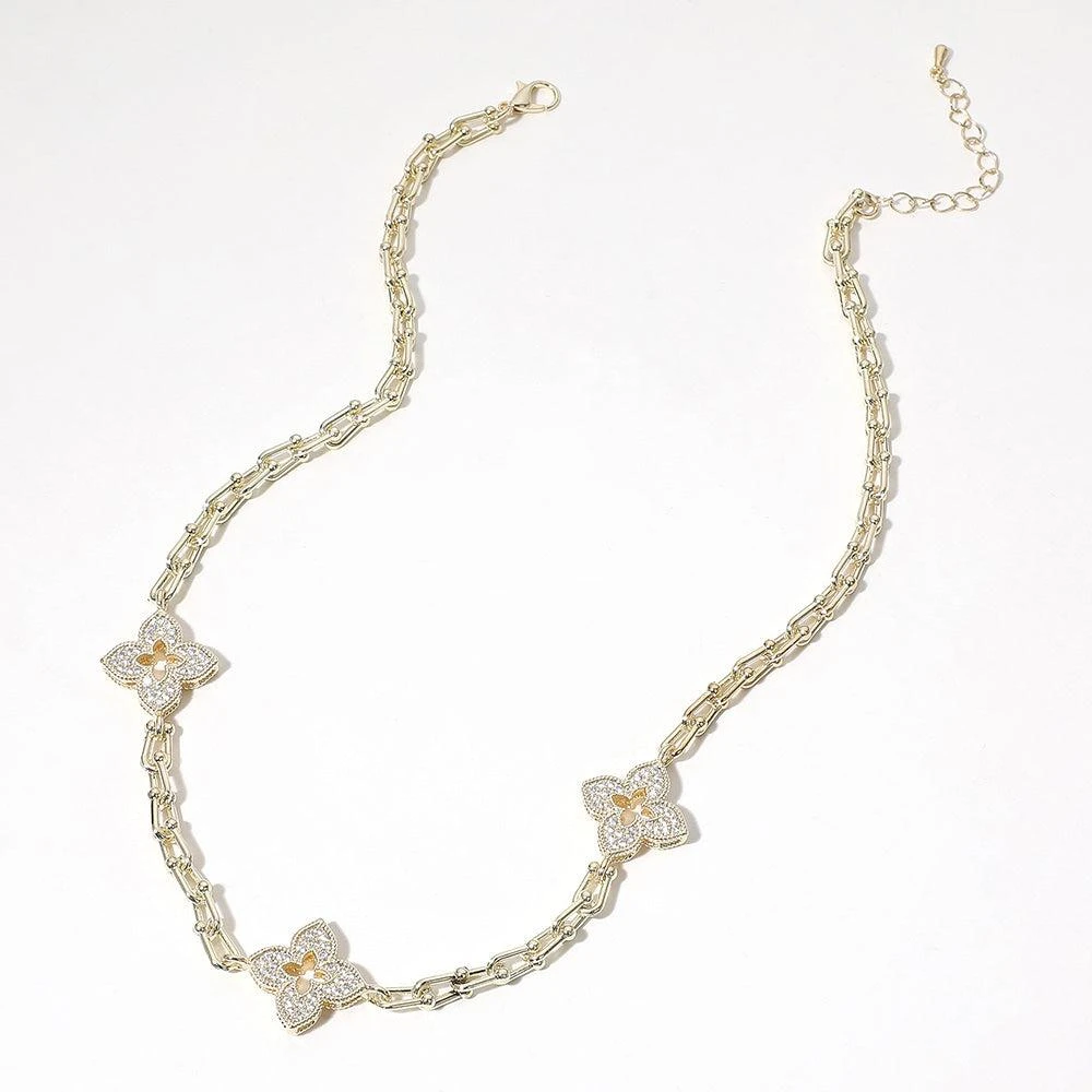 FASHNZFAB 14K Gold Plated CZ Stone Paved Clover Station Necklace 3