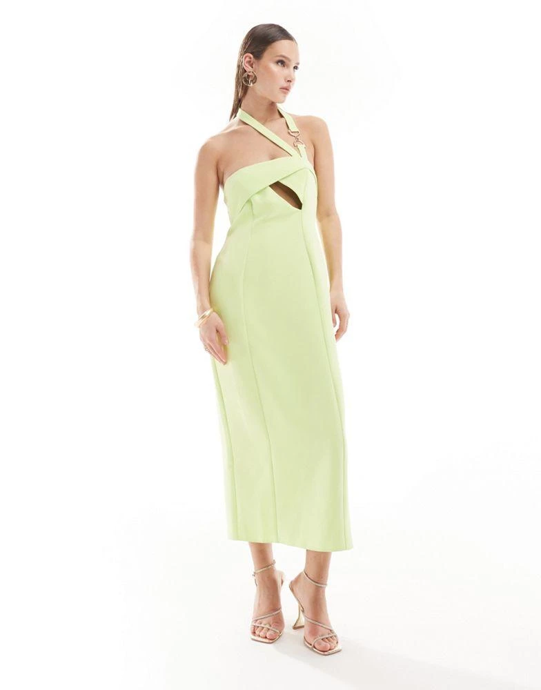 ASOS ASOS DESIGN asymmetric cut out midi dress with hardware detail in lime 1