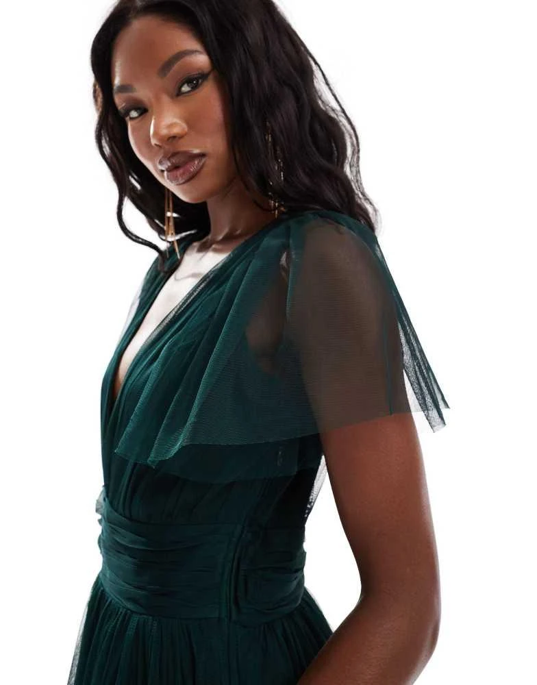 Lace & Beads Lace & Beads Bridesmaid Madison v neck tulle midi dress in dark green 4
