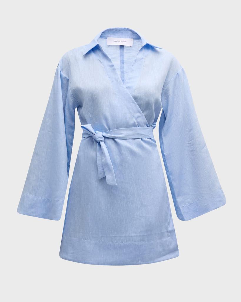 BONDI BORN Nikko Linen Bell-Sleeve Mini Wrap Dress