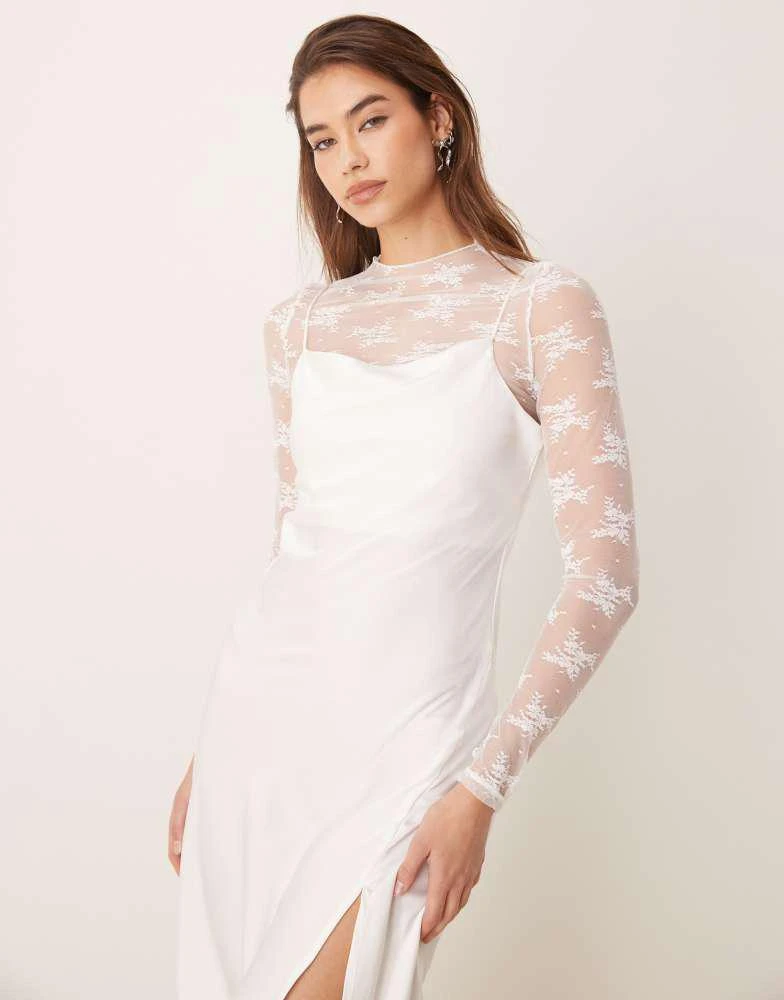 YAS YAS long sleeve lace underlay cami satin dress in gardenia white 2