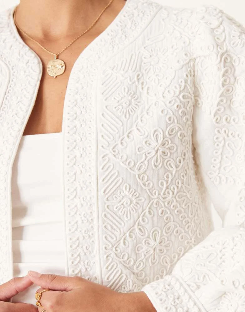 Mango Mango cotton embroidered collarless jacket with puff sleeves in white 4