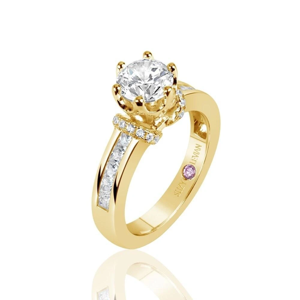 Suzy Levian Golden Sterling Silver Cubic Zirconia Round Cut Engagement Ring 1