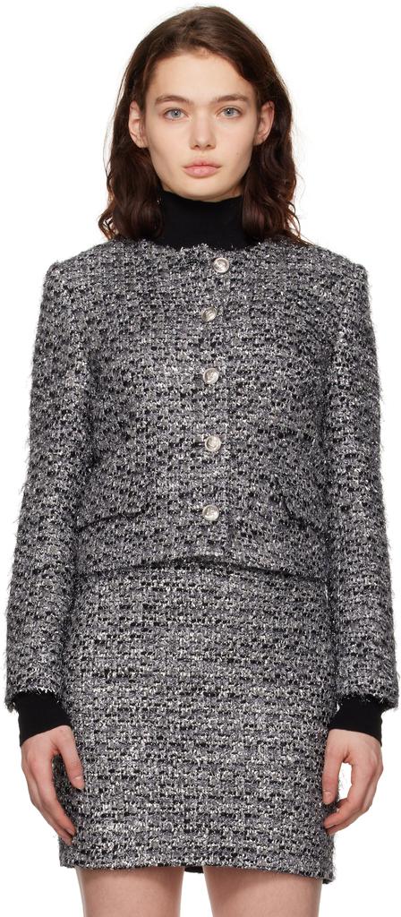 Juun.J Gray Round Neck Crop Tweed Jacket
