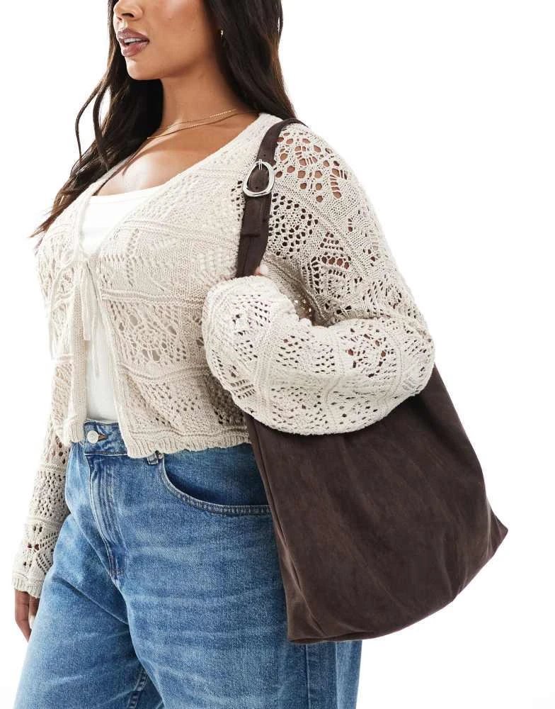 Glamorous Glamorous large faux suede tote bag with buckle strap in dark brown 1