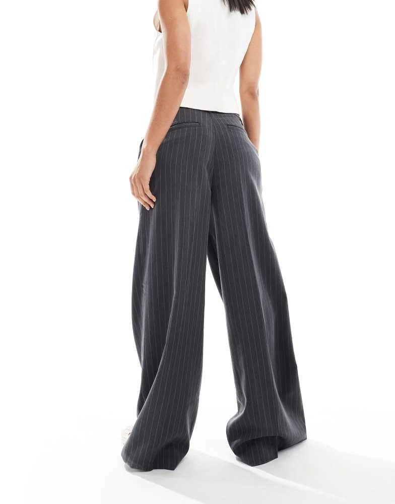 Monki Monki high waist wide leg tailored trousers in grey stripe 4