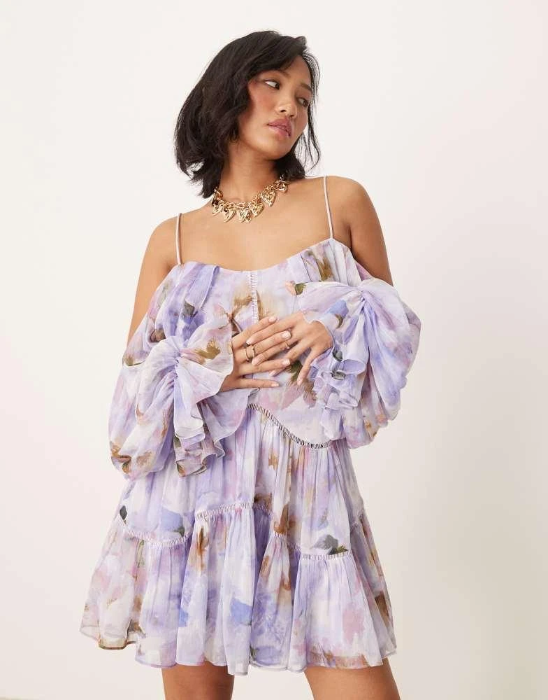 Shop ASOS DESIGN Petite draped off shoulder tiered mini dress with lace  inserts in blurred abstract on Sale at BeyondStyle  Get 16% Off ASOS  DESIGN Petite draped off shoulder tiered mini