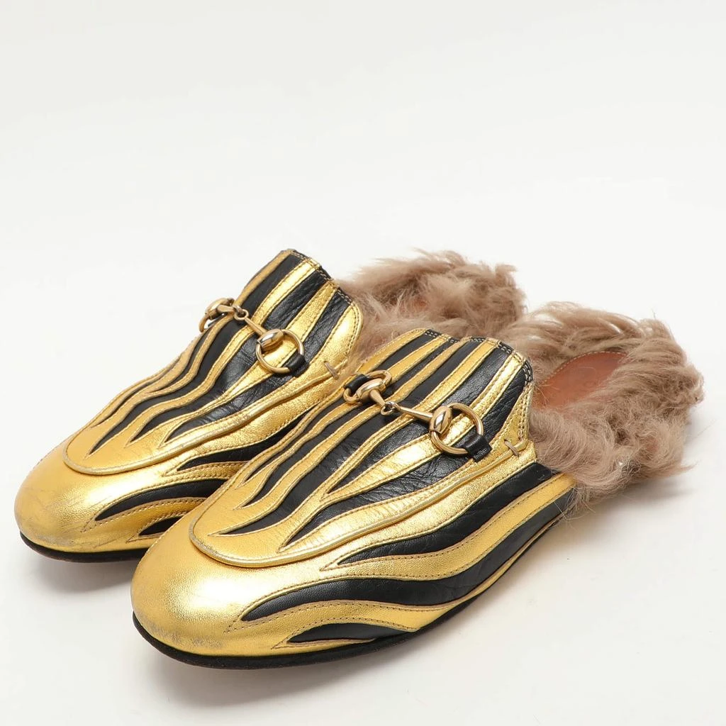 Gucci Gucci Gold/Black Leather Princetown Fur Lined Horsebit Mules Size 38 2