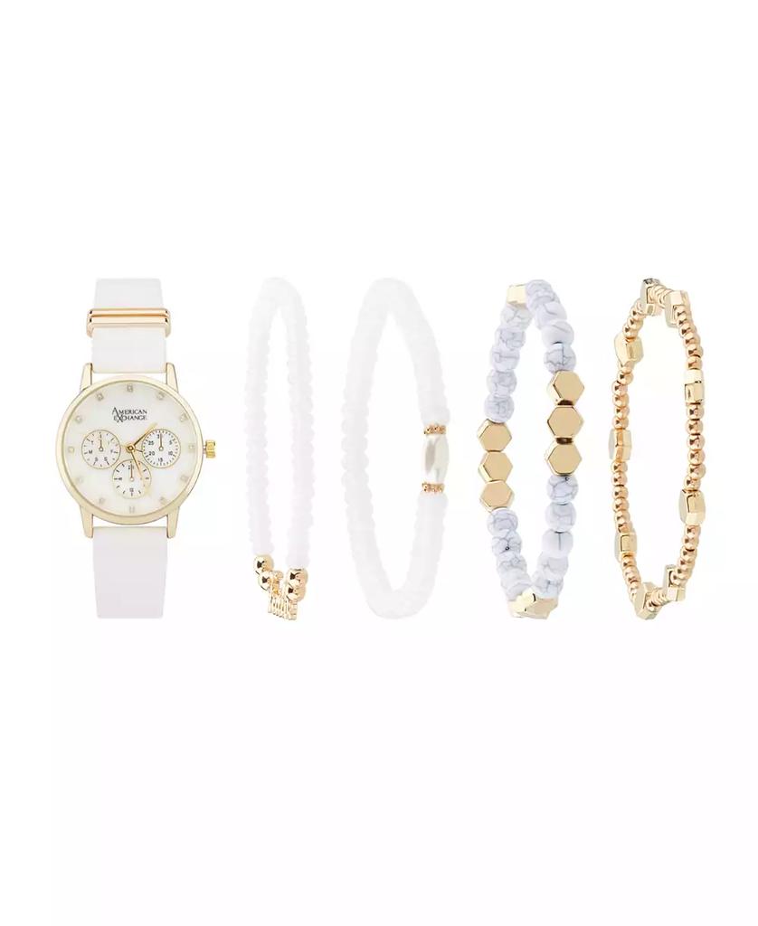 American Exchange Women's White Patent Polyurethane Leather Strap Analog Watch 32mm with Stackable Bracelets Gift Set