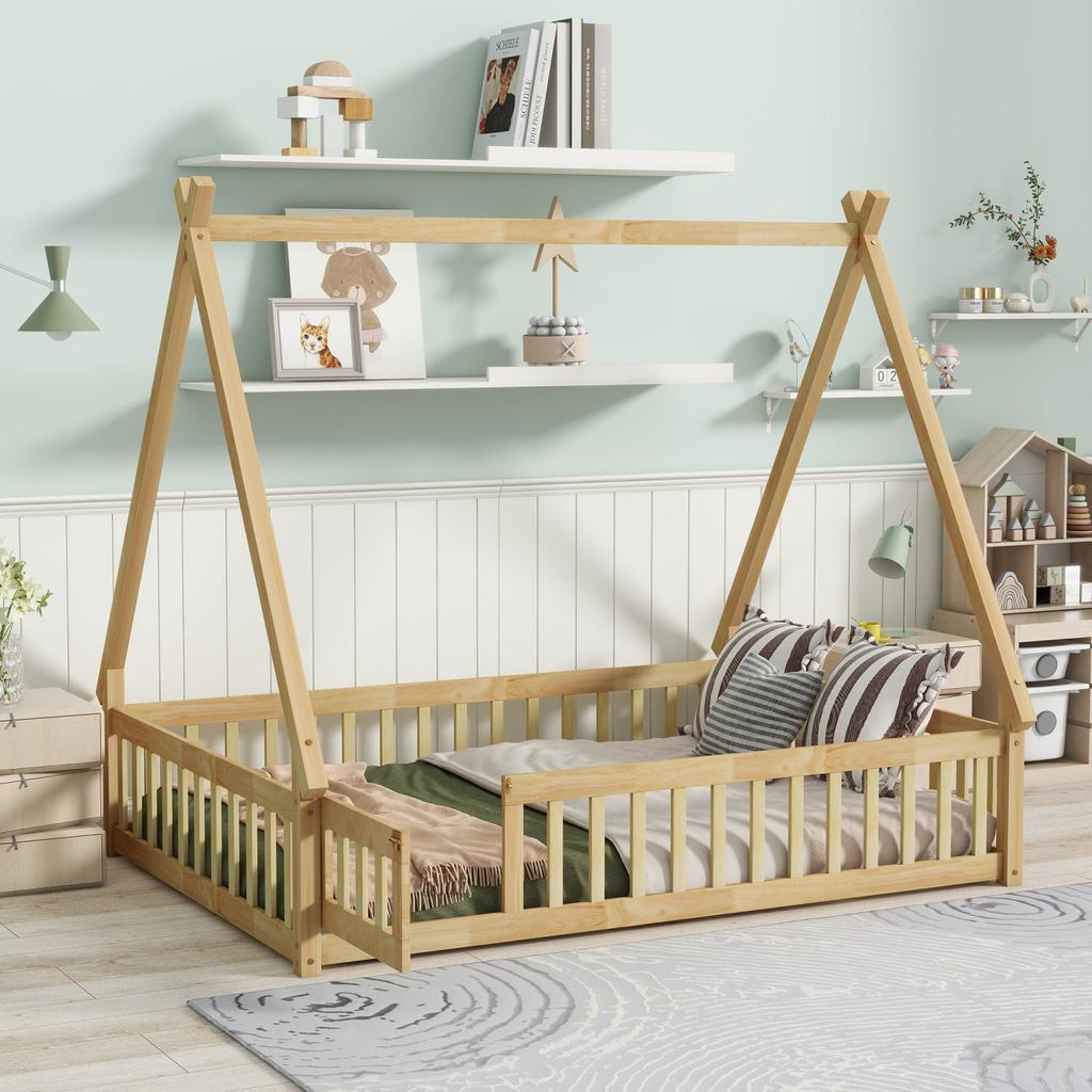 Streamdale Furniture Streamdale Rubber Wood Tent Floor Bed with Guardrails & Door