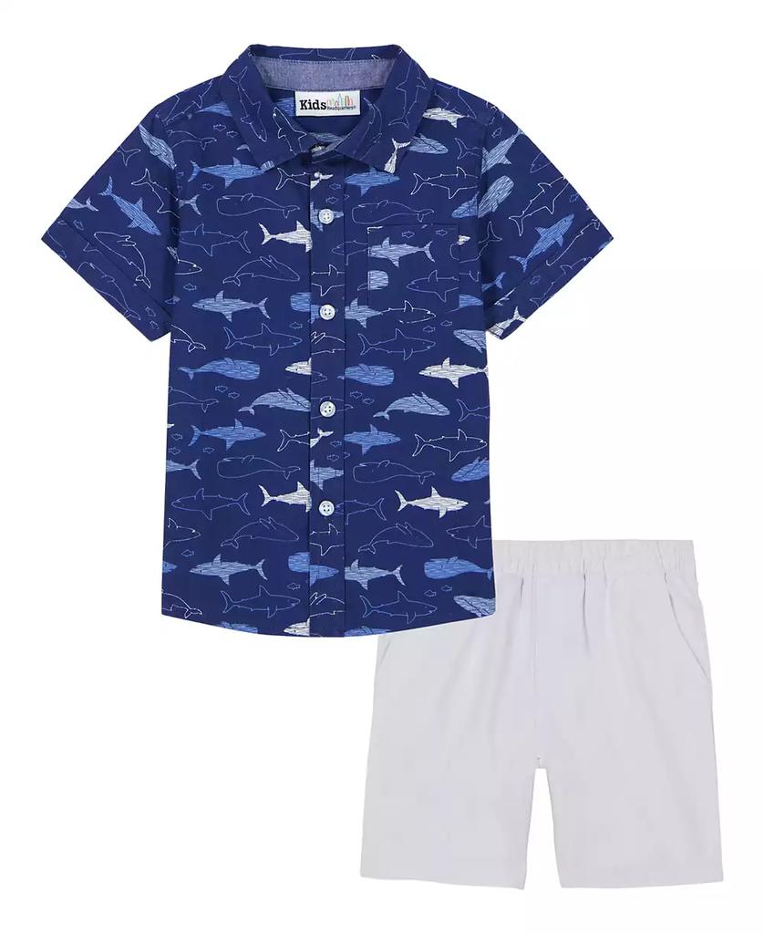 KIDS HEADQUARTERS Toddler and Little Boys Short Sleeve Fish Print Poplin Shirt and Twill Shorts, 2-Piece Set
