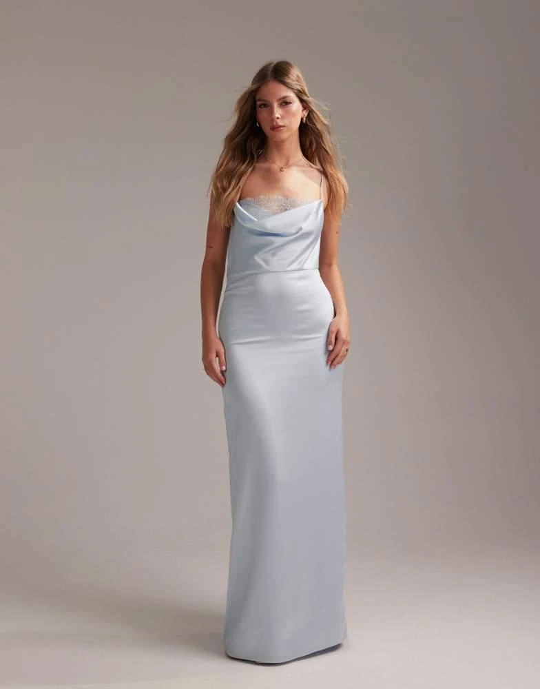 ASOS Design Bridesmaids lace detail column satin maxi dress in light blue