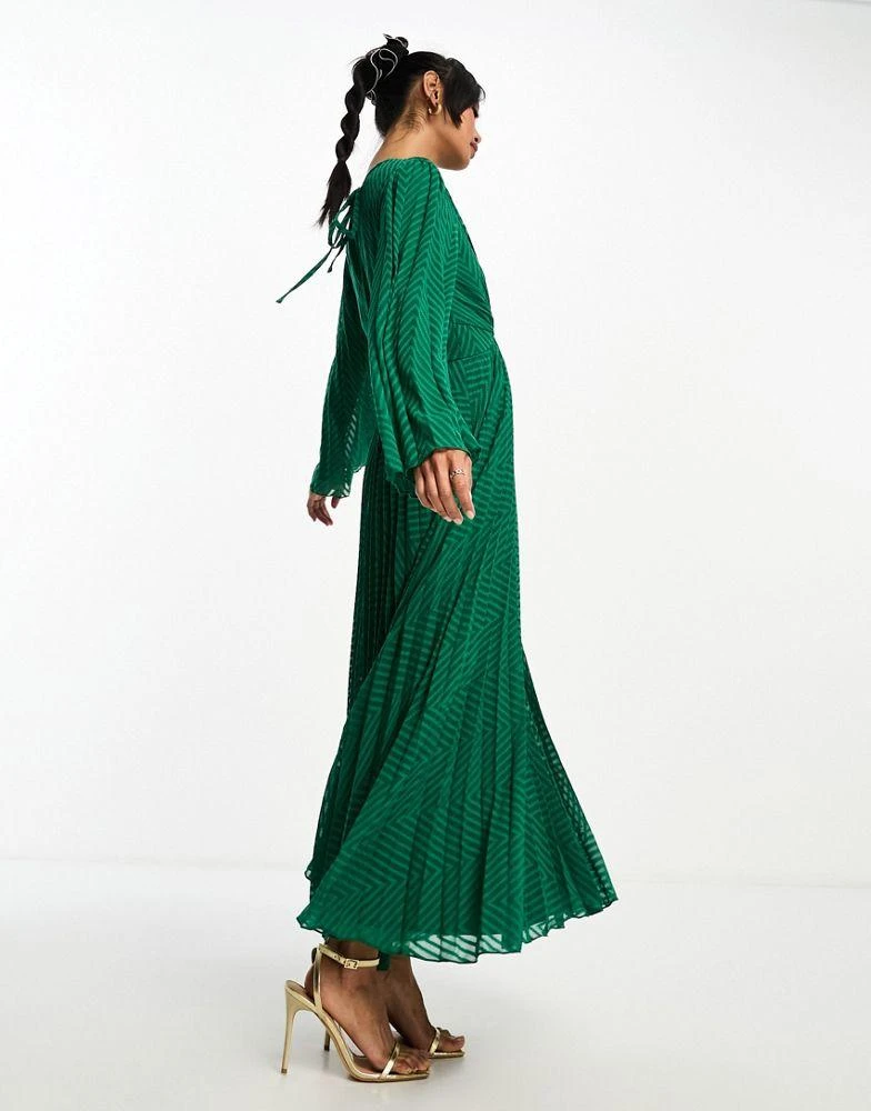 ASOS ASOS DESIGN tie back fluted sleeve pleated chevron chiffon midi dress in green 3