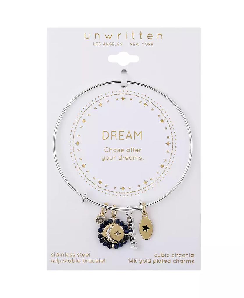 Unwritten Cubic Zirconia Moon and Star Silver Plated "Dream" 14K Gold Plated Charm Bangle Bracelet