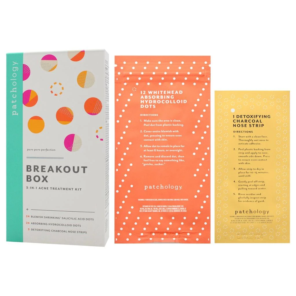 Patchology Breakout Box 3-in-1 Acne Treatment Kit by  for Unisex - 3 Pc 3Pc Blackhead-Eliminating Charcoal Nose Strips, 24Pc Pimple-Shrinking Salicylic Acid Dots, 24Pc Whitehead-Absorbing Hydrocolloid Dots 4