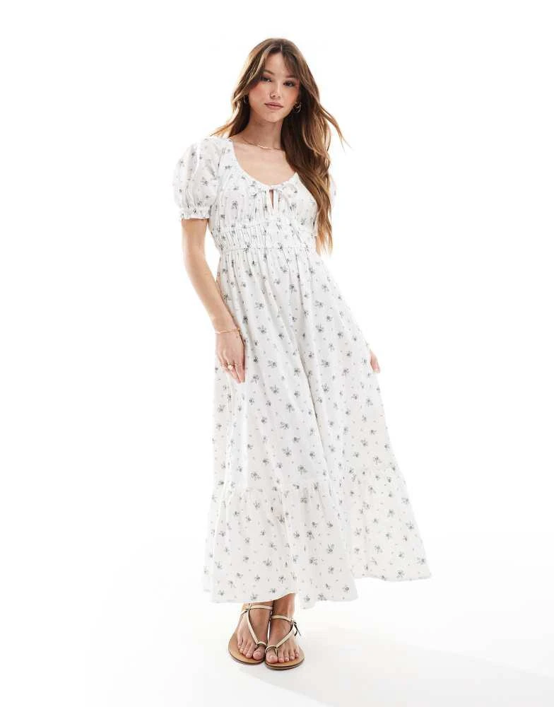New Look New Look milkmaid midi dress in white ditsy floral 1
