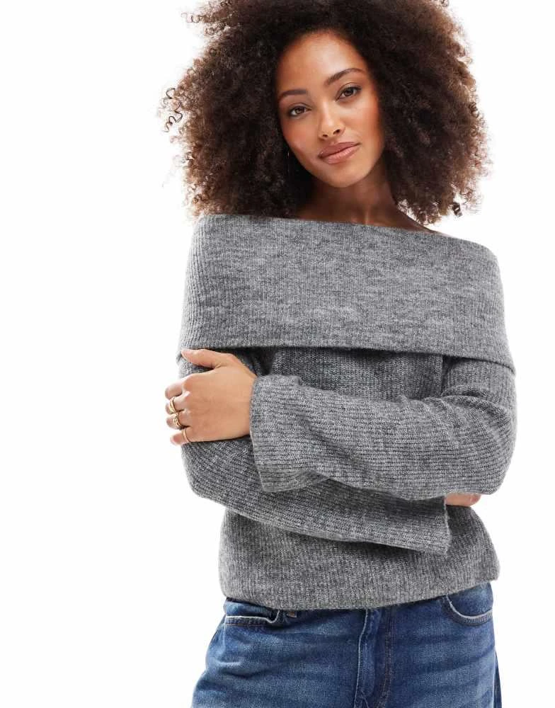 VERO MODA Vero Moda slouchy off shoulder jumper in medium grey melange 1