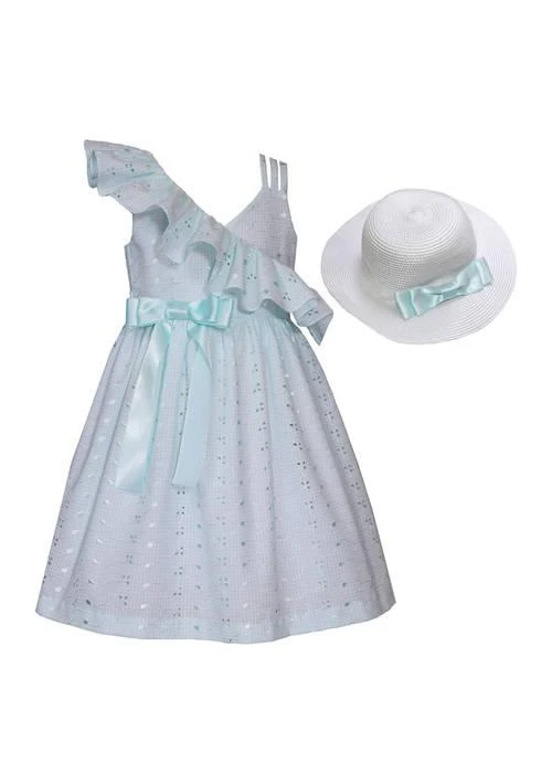 Bonnie Jean Jean Girls 7 16 Asymmetrical Ruffle Eyelet Dress With Hat 1