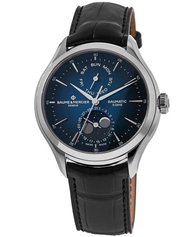Shop Baume & Mercier Clifton Automatic Moonphase Blue Dial Leather ...